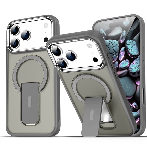 Dteck Magnetic Case for iPhone 17 Pro Max,Shockproof TPU+PC Compatible with Mag Safe Anti-Slip Case Invisible Bracket Kickstand Translucent Matte Back Cover for iPhone 17 Pro Max,Gray