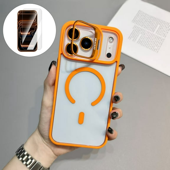 Dteck Magnetic Case for iPhone 17 Pro,Shockproof Matte Translucent Case with Camera Lens Protector & Tempered Glass Screen Protector Compatible with Mag Safe Kickstand Cover,Orange