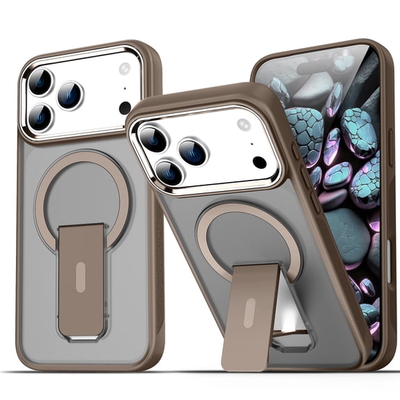Dteck Magnetic Case for iPhone 17 Pro,Shockproof TPU+PC Compatible with Mag Safe Anti-Slip Case Invisible Bracket Kickstand Translucent Matte Back Cover for iPhone 17 Pro,Desertgold