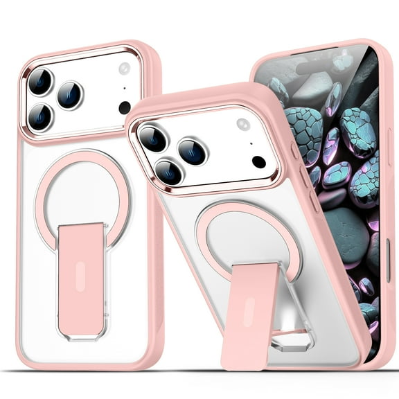 Dteck Magnetic Case for iPhone 17 Pro,Shockproof TPU+PC Compatible with Mag Safe Anti-Slip Case Invisible Bracket Kickstand Translucent Matte Back Cover for iPhone 17 Pro,Pink