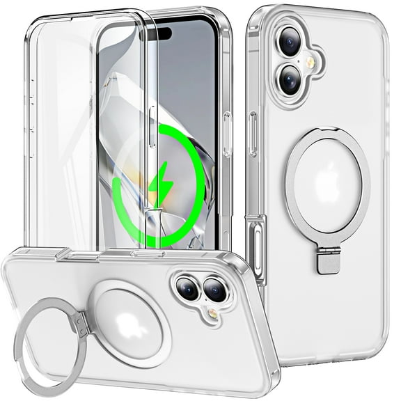 Dteck Magnetic Case for iPhone 17,Shockproof Ring Holder Stand Case Built-in Screen Protector Compatible with Mag Safe Matte Translucent Back Cover,Frosted Clear