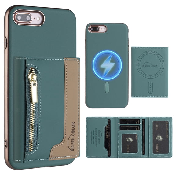 Dteck Magnetic Case for iPhone 8 Plus/7 Plus, 2 in 1 Wallet Case Detachable Card Holder, Compatible with MagSafe, Slim PU Leather RFID Blocking Credit Slots Zipper Pocket,Green