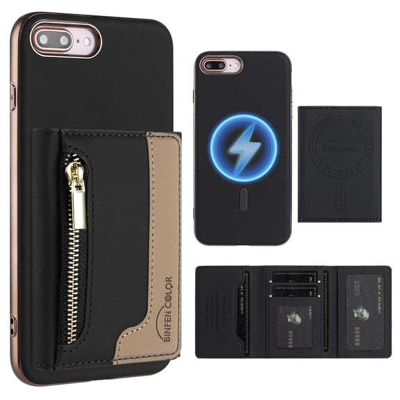 Dteck Magnetic Case for iPhone 8 Plus/7 Plus, 2 in 1 Wallet Case Detachable Card Holder, Compatible with MagSafe, Slim PU Leather RFID Blocking Credit Slots Zipper Pocket,Black