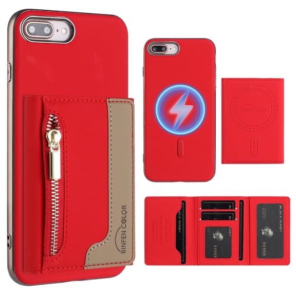 Dteck Magnetic Case for iPhone 8 Plus/7 Plus, 2 in 1 Wallet Case Detachable Card Holder, Compatible with MagSafe, Slim PU Leather RFID Blocking Credit Slots Zipper Pocket,Red