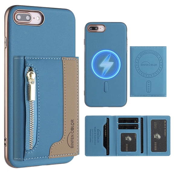 Dteck Magnetic Case for iPhone 8 Plus/7 Plus, 2 in 1 Wallet Case Detachable Card Holder, Compatible with MagSafe, Slim PU Leather RFID Blocking Credit Slots Zipper Pocket,Light Blue