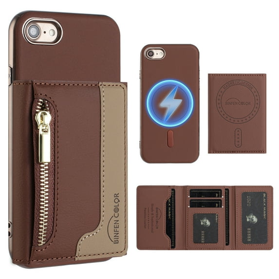 Dteck Magnetic Case for iPhone SE (2022/2020) /iPhone 8 /iPhone 7 Case, 2 in 1 Wallet Case Detachable Card Holder,Compatible with MagSafe,PU Leather RFID Blocking Credit Slots Zipper Pocket,Brown
