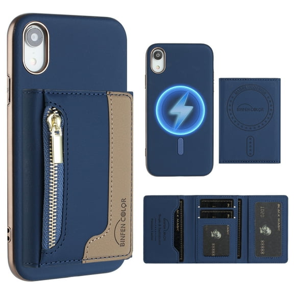 Dteck Magnetic Case for iPhone XR, 2 in 1 Wallet Case Detachable Card Holder, Compatible with MagSafe, Slim PU Leather RFID Blocking Credit Slots Zipper Pocket,Blue