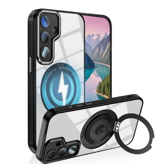 Dteck Magnetic Clear Case for Samsung Galaxy A16 5G,Shockproof TPU+PC Case Built-in Camera Lens Protector Compatible with Mag Safe Transparent Rotating Ring Stand Cover,Black
