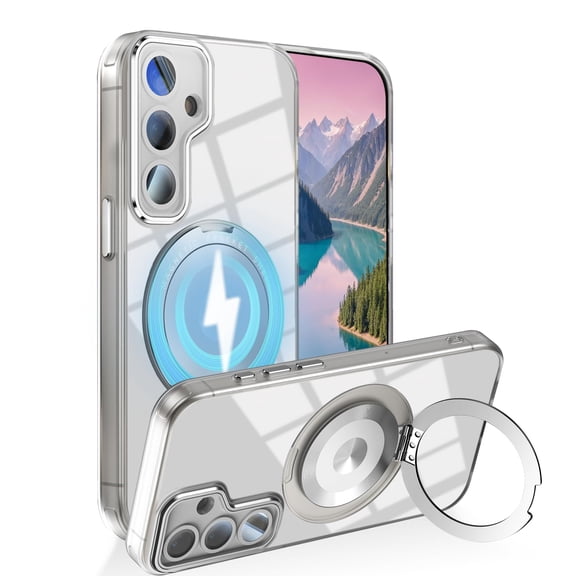 Dteck Magnetic Clear Case for Samsung Galaxy A26 5G,Shockproof TPU+PC Case Built-in Camera Lens Protector Compatible with Mag Safe Transparent Rotating Ring Stand Cover,White