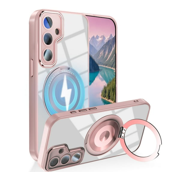 Dteck Magnetic Clear Case for Samsung Galaxy A56 5G,Shockproof TPU+PC Case Built-in Camera Lens Protector Compatible with Mag Safe Transparent Rotating Ring Stand Cover,Pink