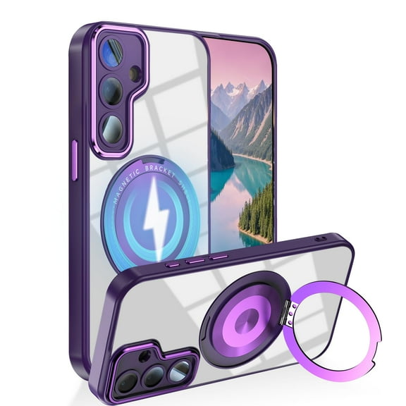 Dteck Magnetic Clear Case for Samsung Galaxy S24 FE,Shockproof TPU+PC Case Built-in Camera Lens Protector Compatible with Mag Safe Transparent Rotating Ring Stand Cover,Darkpurple