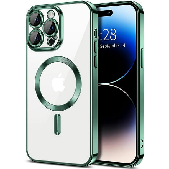 Dteck Magnetic Clear Case for iPhone 15 Pro, Compatible with MagSafe, Full Camera Lens Protection Luxury Plating Slim Soft TPU Shockproof Protective Cover for iPhone 15 Pro,Green