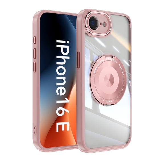 Dteck Magnetic Clear Case for iPhone 16e / iPhone 17e,Shockproof TPU+PC Case Built-in Camera Lens Protector Compatible with Mag Safe Transparent Rotating Ring Stand Cover,Pink