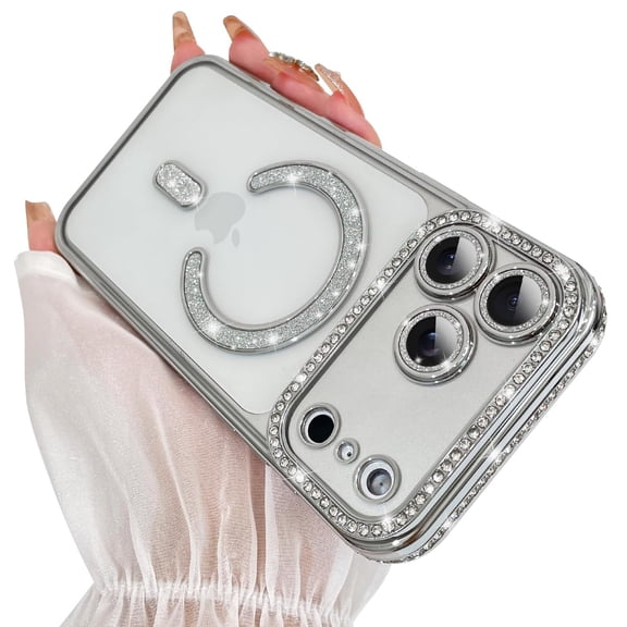 Dteck Magnetic Clear Glitter Case for iPhone 17 Pro Max,Shockproof TPU Compatible with Mag Safe Case Bling Sparkly Diamond Rhinestone with Camera Protector Back Cover for iPhone 17 Pro Max,Silver
