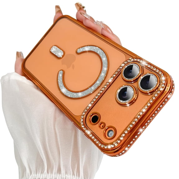 Dteck Magnetic Clear Glitter Case for iPhone 17 Pro,Shockproof TPU Compatible with Mag Safe Case Bling Sparkly Diamond Rhinestone with Camera Protector Back Cover for iPhone 17 Pro ,Orange