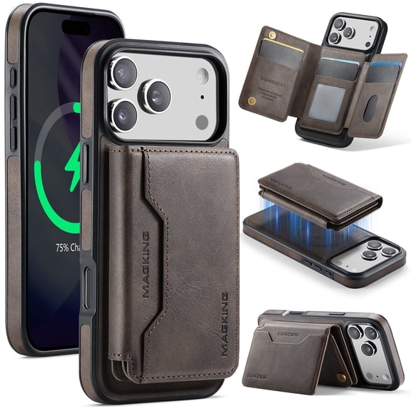 Dteck Magnetic Detachable Phone Case for iPhone 17 Pro Max Wallet with RFID Blocking Card Holder, Compatible with MagSafe,Coffee