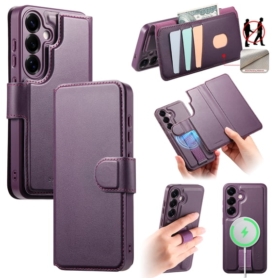 Dteck Magnetic Detachable Wallet Case for Samsung Galaxy S25,Luxury Leather Card Slots Wallet Case Compatible with MagSafe Stand Wristband Design Cover for Samsung Galaxy S25,Purple