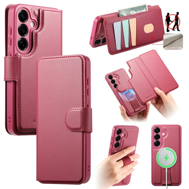 Dteck Magnetic Detachable Wallet Case for Samsung Galaxy S25 Ultra,Luxury Leather Card Slots Wallet Case Compatible with MagSafe Stand Wristband Design Cover for Samsung Galaxy S25 Ultra,Red