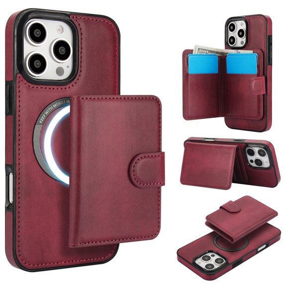 Dteck Magnetic Detachable Wallet Case for iPhone 16 Pro Max,Luxury Leather 2 in 1 Case Compatible with Mag Safe Card Slot Pocket Stand Shockproof Cover for iPhone 16 Pro Max,Winered