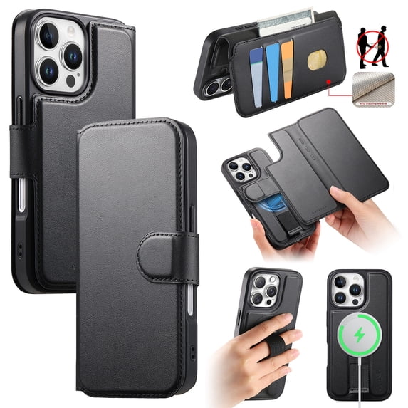 Dteck Magnetic Detachable Wallet Case for iPhone 16 Pro Max,Luxury Leather Card Slots Wallet Case Compatible with MagSafe Stand Wristband Design Cover for iPhone 16 Pro Max,Black