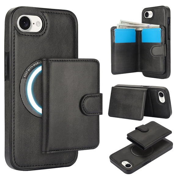 Dteck Magnetic Detachable Wallet Case for iPhone 16e,Luxury Leather 2 in 1 Case Compatible with Mag Safe Card Slot Pocket Stand Shockproof Cover for iPhone 16e,Black