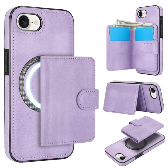 Dteck Magnetic Detachable Wallet Case for iPhone 16e,Luxury Leather 2 in 1 Case Compatible with Mag Safe Card Slot Pocket Stand Shockproof Cover for iPhone 16e,Purple