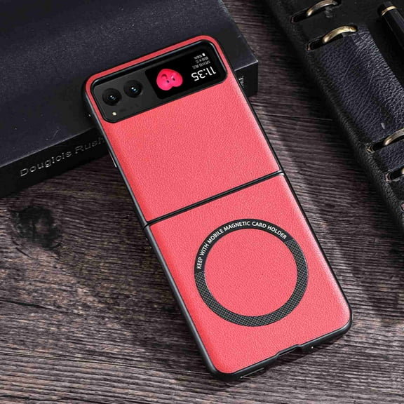 Dteck Magnetic For Motorola Razr 2023 / Razr 40 Case, Shockproof PU Leather Slim Hard Rugged Support Wireless Charging Protective Cover, Red
