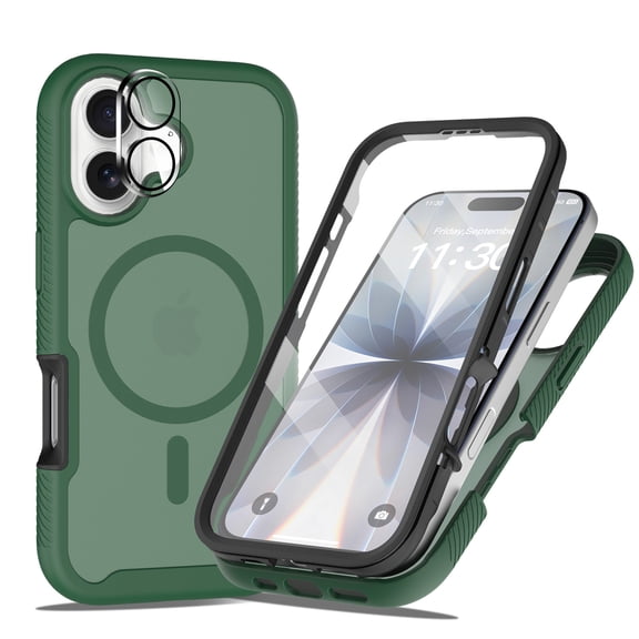 Dteck Magnetic Full Body Protection Case with Camera Lens Protector for iPhone 17,Shockproof TPU+PC Built-in Screen Protector Case Compatible with Mag Safe Matte Back Cover ,Green