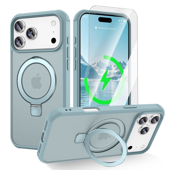 Dteck Magnetic Glass Screen Protector Case for iPhone 17 Pro Max with Stand, Shockproof Metal Ring Kickstand, Slim Translucent Hard Back Protective Cover Compatible with MagSafe Accessory, Blue