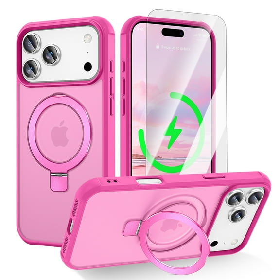 Dteck Magnetic Glass Screen Protector Case for iPhone 17 Pro with Stand, Shockproof Metal Ring Kickstand, Slim Translucent Hard Back Protective Cover Compatible with MagSafe Accessory, Rose