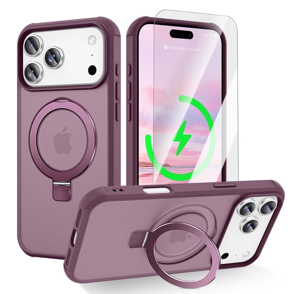 Dteck Magnetic Glass Screen Protector Case for iPhone 17 Pro with Stand, Shockproof Metal Ring Kickstand, Slim Translucent Hard Back Protective Cover Compatible with MagSafe Accessory, Winered