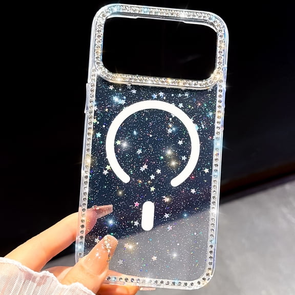 Dteck Magnetic Glitter Case for iPhone 17 Pro Max, Compatible with MagSafe, Bling Diamond Rhinestone Sparkly Shockproof Clear Phone Cover 6.9 inch,Glitter Little Star