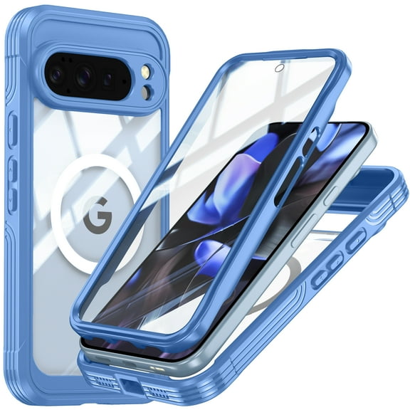 Dteck Magnetic for Google Pixel 10 Pro XL Case with Built-in Screen Protector, Compatible with MagSafe, Military-Grade Drop Protection Full Body Shockproof Clear Phone Cover for Pixel 10 Pro XL,Blue