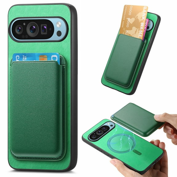 Dteck Magnetic for Google Pixel 9 / Pixel 9 Pro Case Compatible with MagSafe, 2 in 1 PU Leather Slim Back Phone Cover with Detachable Card Holder Wallet for Pixel 9 / 9 Pro,Green