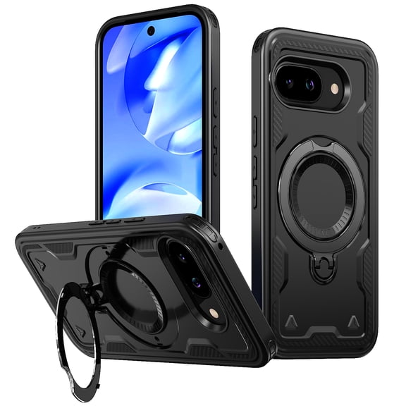 Dteck Magnetic for Google Pixel 9A Case with Kickstand, Shockproof TPU+PC Case Compatible with MagSafe Military Grade Ring Stand Heavy Duty Drop Rugged Cover for Google Pixel 9A,Black