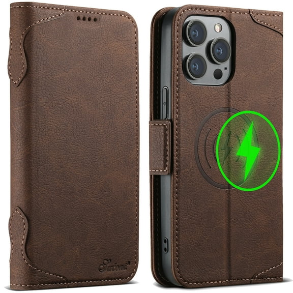 Dteck Magnetic Hard Rugged Wallet Case for iPhone 13 Pro Max, Shockproof Flip Cover Card Holder Wallet Card Holder Folio Case, Mag Safe Compatible Wallet RFID Blocking,brown