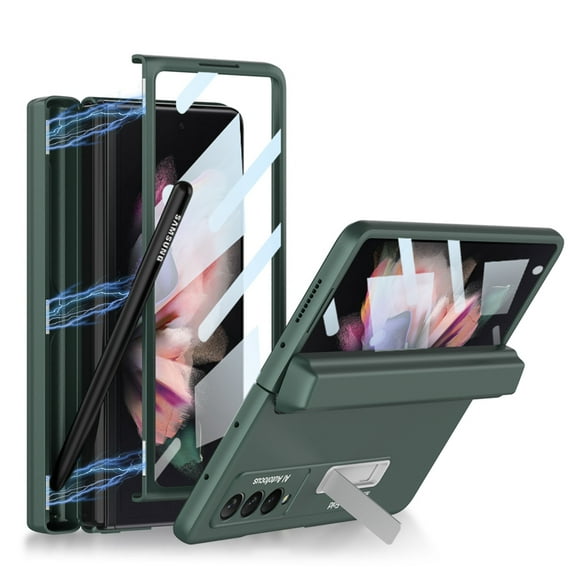 Dteck Magnetic Hinge Case for Samsung Galaxy Z Fold3 5G with S Pen Holder, Full Body Rugged Kickstand Case with Built-in Glass Screen Protector,Green