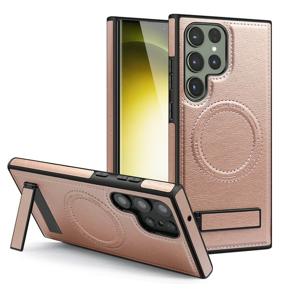 Dteck Magnetic Leather Case for Samsung Galaxy S24,Shockproof TPU Bumper Compatible with Mag-safe Adjustable Kickstand Back Protective Cover for Galaxy S24,Rosegold