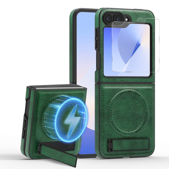 Dteck Magnetic Leather Case for Samsung Galaxy Z Flip 5, Compatible with MagSafe,Kickstand Cover with HD Screen Protector, Shockproof Slim Protective Phone Case,Deep Green