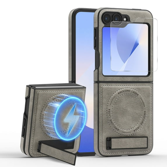 Dteck Magnetic Leather Case for Samsung Galaxy Z Flip 5, Compatible with MagSafe,Kickstand Cover with HD Screen Protector, Shockproof Slim Protective Phone Case,Gray