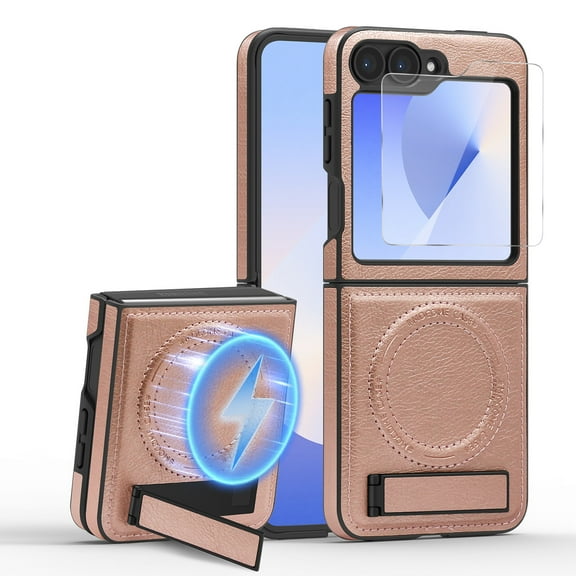 Dteck Magnetic Leather Case for Samsung Galaxy Z Flip 5, Compatible with MagSafe,Kickstand Cover with HD Screen Protector, Shockproof Slim Protective Phone Case,Rosegold