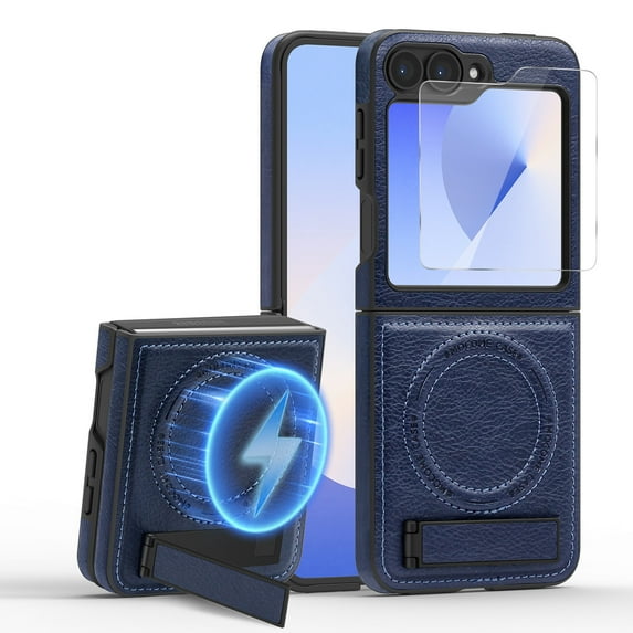 Dteck Magnetic Leather Case for Samsung Galaxy Z Flip 6, Compatible with MagSafe,Kickstand Cover with HD Screen Protector, Shockproof Slim Protective Phone Case,Blue