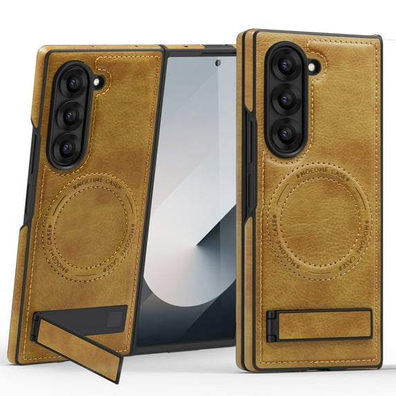 Dteck Magnetic Leather Case for Samsung Galaxy Z Fold 3,Shockproof Leather Compatible with Mag-safe Adjustable Kickstand Protective Cover for Galaxy Z Fold 3 5G,Brown