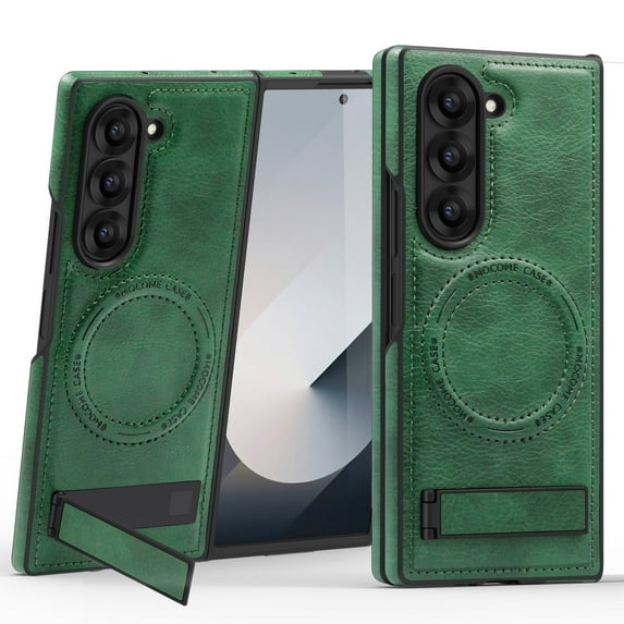Dteck Magnetic Leather Case for Samsung Galaxy Z Fold 3,Shockproof Leather Compatible with Mag-safe Adjustable Kickstand Protective Cover for Galaxy Z Fold 3 5G,Darkgreen