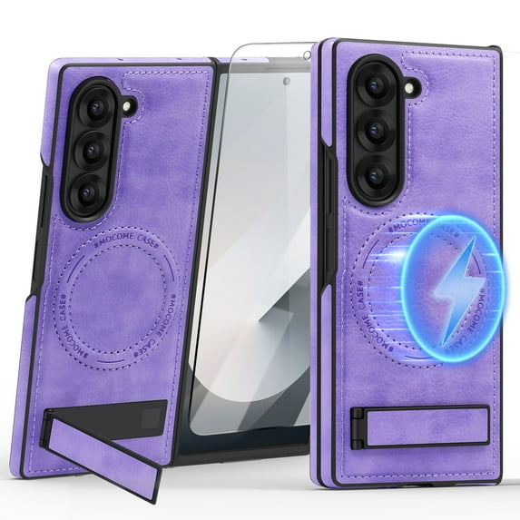 Dteck Magnetic Leather Case for Samsung Galaxy Z Fold 4, Compatible with MagSafe,Kickstand Cover with HD Screen Protector, Shockproof Slim Protective Phone Case,Purple