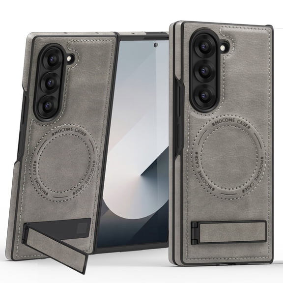 Dteck Magnetic Leather Case for Samsung Galaxy Z Fold 5,Shockproof Leather Compatible with Mag-safe Adjustable Kickstand Protective Cover for Galaxy Z Fold 5 5G,Gray