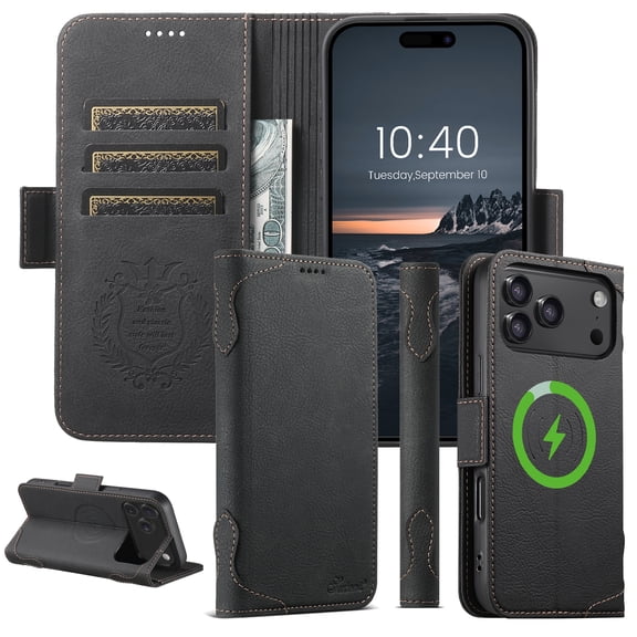 Dteck Magnetic Leather Wallet Phone Case For iPhone 17 Pro with Card Holder for Men and Women, MagSafe Compatible Flip Folio Cover with Kickstand and RFID Protection, Premium PU Leather, Black
