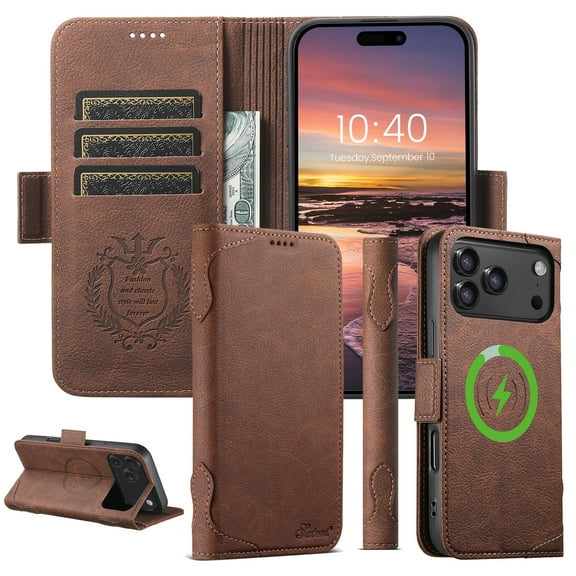 Dteck Magnetic Leather Wallet Phone Case For iPhone 17 Pro with Card Holder for Men and Women, MagSafe Compatible Flip Folio Cover with Kickstand and RFID Protection, Premium PU Leather, Brown