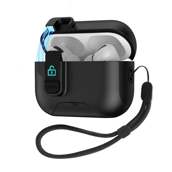 Dteck Magnetic Lock Case for AirPods Pro 3 (2025), Shockproof Dust-Proof Protective Cover with Charging Port Plug, Foldable Stand Bracket, Wireless Charging Compatible Cover, Black