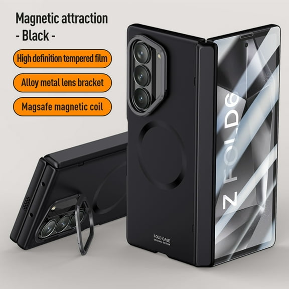 Dteck Magnetic Mag Safe Case for Samsun Galaxy Z Fold 6,Luxury PC Slim Case Built-in Screen Protector Case Metal Lens Stand Cover for Galaxy Z Fold 6 5G,Black